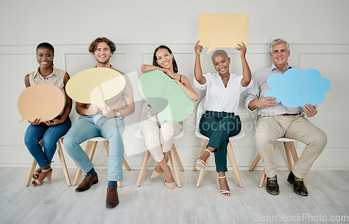 Image of Business people, queue and interview with speech bubble, mockup vote and opinion space in office for job. Group diversity, recruitment and opinion for social media, chat or digital marketing company