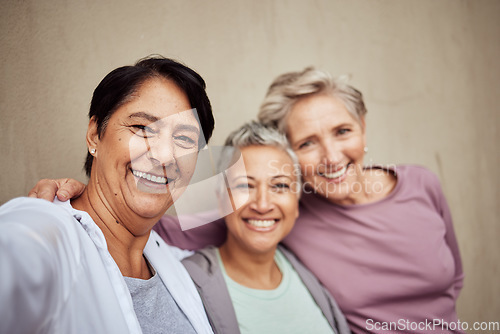 Image of Senior women, selfie and smile for exercise together, fitness workout motivation, training wellness and retirement lifestyle. Elderly friends, sport happiness photo and retired woman cardio body care