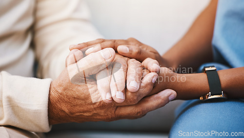 Image of Hands, nurse and doctor with senior patient, empathy and trust for surgery, psychology and healthcare consulting. Closeup psychologist, caregiver and volunteer support, help and hope of mental health