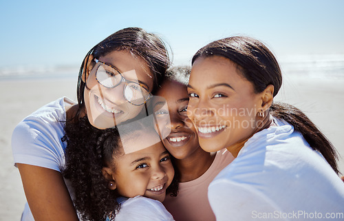 Image of Black family, summer and kids portrait at ocean with mom enjoying USA vacation in sunshine. Love, care and happy family hug together with joyful smile on holiday break at sunny beach.