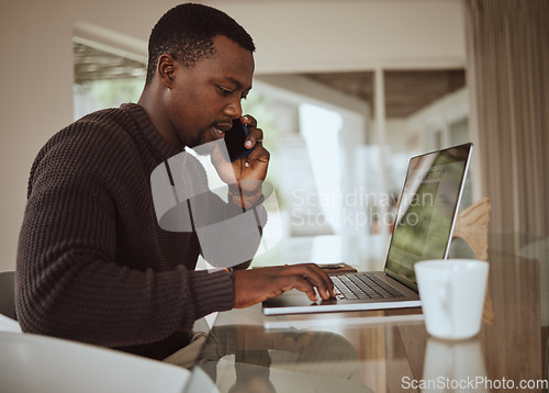 Image of Remote work, phone call and black man typing on laptop in home office for online consulting, trading and email. Freelancer talking on mobile communication with service provider of computer internet