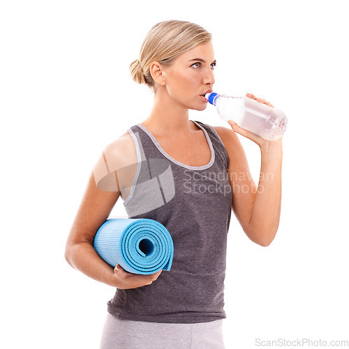 Image of Yoga, exercise mat and woman drinking water for body care hydration, fitness lifestyle or pilates studio workout. Healthcare wellness, training and health girl with liquid bottle on white background