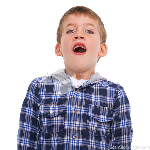 Image of Portrait, children and wow with a boy in studio isolated on a white background with a missing tooth. Kids, surprise or shocked with a male child feeling amazed with big eyes and surprised expression