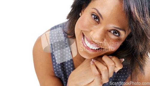 Image of Face, skin and woman in beauty and skincare mockup, happy with cosmetic care against studio background. Portrait, smile and facial zoom with wellness, dermatology and natural cosmetics with glow