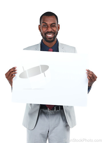 Image of Portrait, businessman or wink for poster billboard deal, marketing space promotion or advertising paper mock up. Happy corporate worker, banner and blank branding mockup on isolated white background