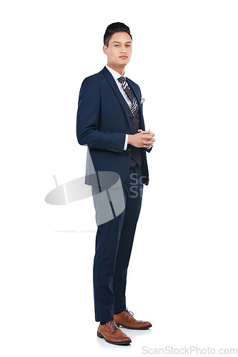 Image of Thinking, portrait or hands clasped on isolated white background in about us, profile picture or corporate ID mockup. Businessman, employee or worker ready gesture, marketing mock up or job interview