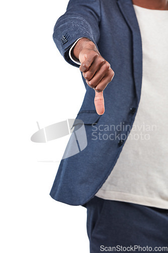 Image of Black man, hands and thumbs down for fail, disagree or incorrect against a white studio background. Hand of isolated African American man showing thumb down gesture for failure on a white background