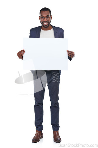 Image of Businessman portrait, happy worker and poster mockup on marketing paper, advertising mock up and promotion space. Banner, blank and billboard sign for creative designer on isolated white background