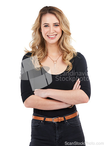 Image of Fashion, portrait and woman with arms crossed in studio isolated on a white background. Makeup cosmetics, beauty and happy young female model from Canada in stylish, trendy and designer clothing.