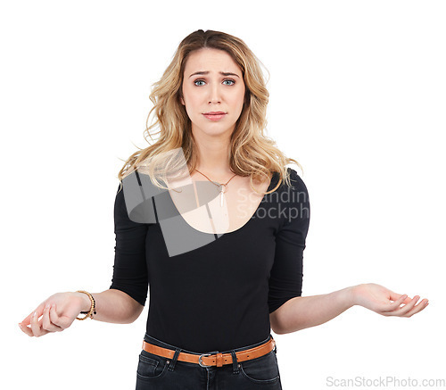 Image of Confused, anxiety and portrait of woman with shrug for problem, dilemma or risk of decision. Doubt, stress and puzzled model unsure for choice expression on isolated studio white background.