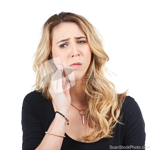 Image of Woman, toothache and angry face for dental care, tooth decay or healthcare wellness isolated in white background. Young female, dentist and female emergency or mouth problem frustrated in studio