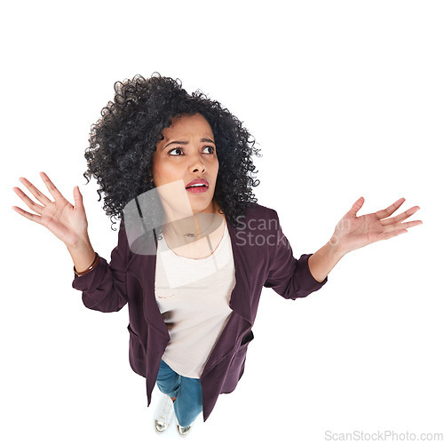 Image of Doubt, confused and black woman with shrug thinking of problem, dilemma or risk of decision. Anxiety, stress and puzzled model unsure of choice expression on isolated studio white background.