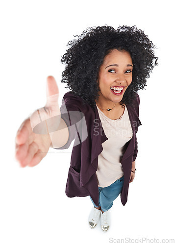 Image of Portrait, business woman and top view handshake in studio isolated on white background. Introduction, greeting and female employee shaking hands for deal, agreement or contract, onboarding or welcome