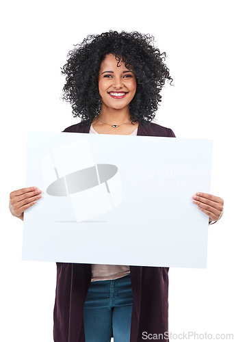 Image of Portrait, sign and black woman with mockup poster, marketing or advertising space isolated on white background in studio. Product placement, branding and female with banner for mock up or promotion.