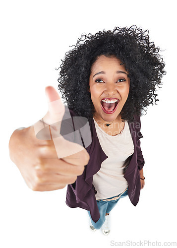 Image of Portrait, thumbs up top view and woman in studio isolated on a white background. Thank you, thumbsup and black female employee with hand gesture for success, support or motivation, yes or like emoji.