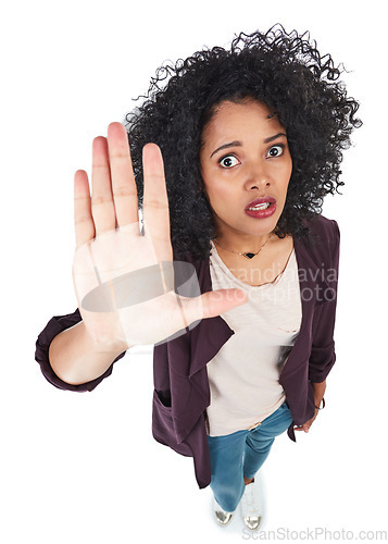 Image of Black woman, portrait and hand palm for stop or warning sign in studio for equality, freedom and fight. Female model isolated on a white background for opinion, protest and frustrated about violence