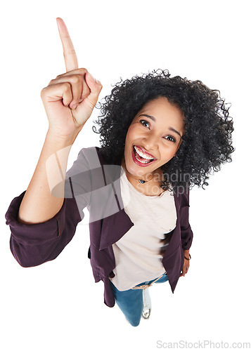 Image of Portrait, pointing and excited with a model black woman in studio isolated on a white background from above. Face, point and direction with a female on blank space for marketing or advertising