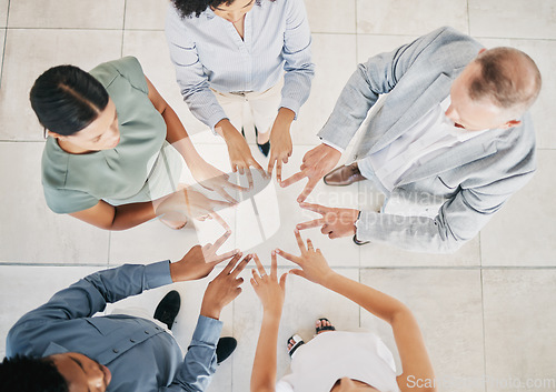 Image of Peace, hands and top view of team building, business people and support in collaboration, hope and company mission. Trust, partnership and star fingers, v sign emoji and diversity teamwork of success