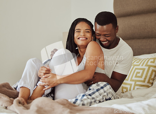 Image of Love, black couple on bed and play together for bonding, loving and romantic weekend. Romance, man and woman in bedroom, morning and silly on break, relationship and happiness for marriage and smile