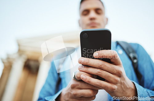 Image of Man, hands or phone on university, college campus or school exam calendar, class schedule or social media. Zoom, student low angle or mobile technology in education learning or scholarship research