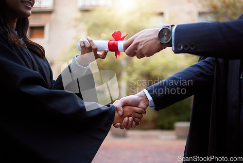 Image of Black woman, handshake or diploma in university graduation ceremony, award event or certificate prize giving. Zoom, student or man shaking hands and college degree, school campus or thank you gesture
