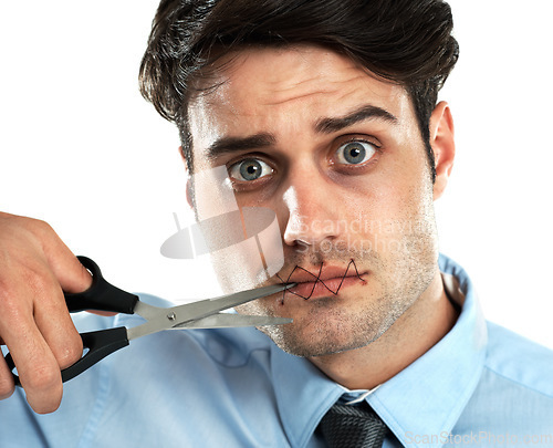 Image of Portrait, scissors and stitch on the lips of a man in studio isolated on a white background cutting for freedom of speech. Communication, silent and sealed with a handsome young male on blank space