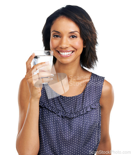 Image of Portrait, happy or black woman drinking water in studio on white background with marketing mockup space. Smile, face or healthy girl drinks natural liquid or glass beverage for hydration or wellness