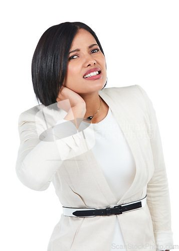 Image of Woman, corporate portrait or neck pain in studio from stress, burnout or tired by white background. Black woman, business leader or isolated for injury, hurt muscle or frustrated in professional suit