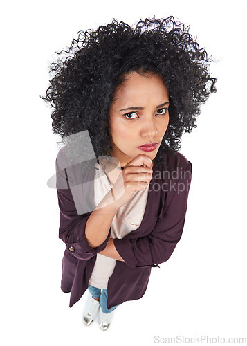 Image of Black woman, thinking face and hands with top view for idea, question or doubt isolated in white background. African girl, thoughtful vision and questioning decision or pensive thoughts in studio