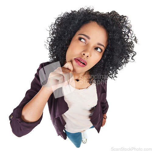 Image of Top view, black woman and thinking with focus and girl isolated on white studio background. African American female, lady and concentration with ideas, decisions and wonder with thoughts or wondering