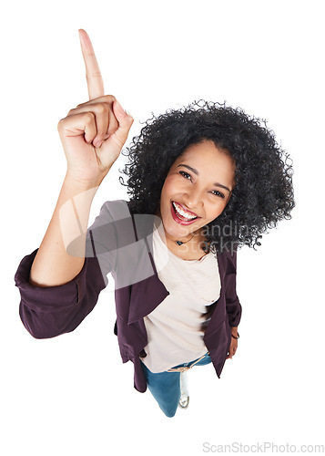 Image of Top view, black woman and pointing with smile, mockup and girl isolated on white studio background. African American female, lady or gesture for space, marketing or person with happiness on backdrop