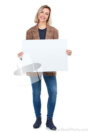 Image of Portrait, poster and woman with sign for mockup, marketing or advertising space in studio isolated on a white background. Branding, product placement and female with banner for mock up or promotion.