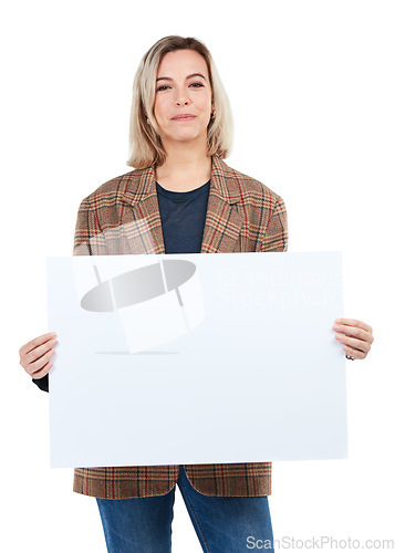 Image of Poster, portrait and woman with sign for mockup, advertising or marketing space in studio isolated on white background. Branding, product placement and female with empty banner for promotion mock up.