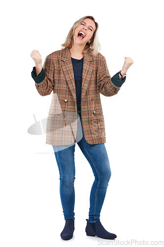 Image of Success, celebration and woman excited about winning isolated on a white background in studio. Winner, achievement and girl celebrating a victory, yes or win on a studio background with motivation