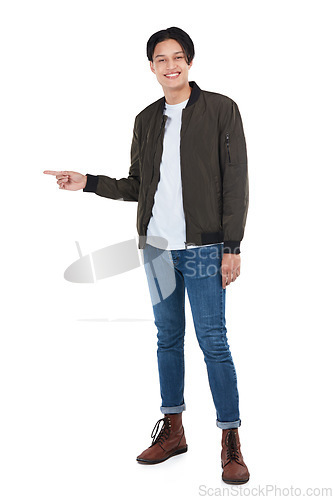 Image of Happy, mockup and pointing with portrait of man and idea for question, product and deal choice. Smile, solution and sales with isolated guy for discount, decision and planning in white background