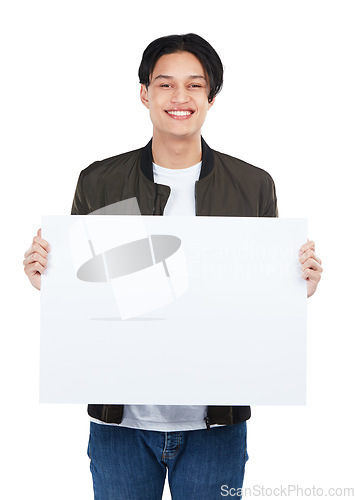 Image of Smile, portrait and Asian man with poster for mockup, marketing or advertising space in studio isolated on white background. Product placement, branding and male with banner for mock up or promotion.