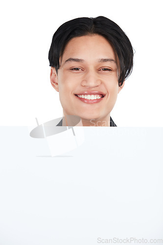 Image of Face, portrait and man with poster for mockup, marketing or advertising space in studio isolated on a white background. Product placement, branding and happy male with banner for mock up or promotion