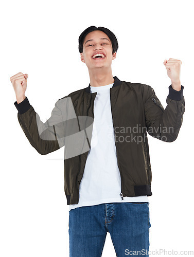 Image of Portrait, winner and success celebration of man in studio isolated on white background. Winning, achievement and happy, young and excited male fist pump celebrating goals, targets or lottery victory.