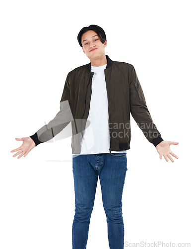 Image of Man, fashion and shrug portrait while clueless and doubt about a question, advertising or sale. Asian model with open hands while awkward and uncertain about clothes isolated on a white background