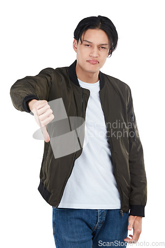 Image of Fail, thumbs down and portrait of man in studio isolated on white background. Dislike hand gesture, failure emoji or sad male model with sign for disagreement, rejection or negative review, bad or no