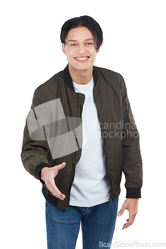 Image of Fashion portrait, man and handshake in studio isolated on white background. Thank you, greeting and happy male model shaking hands for deal, agreement or contract, onboarding or welcome introduction.