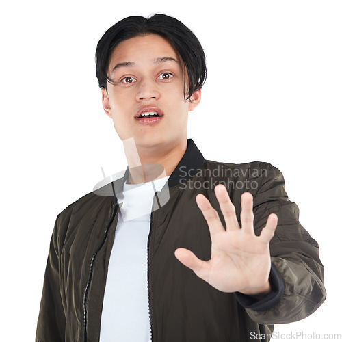 Image of Young man, surprise and stop hand sign in portrait with caution, danger and shock isolated on white background. Palm, emoji and gen z youth with wow facial expression and body language marketing