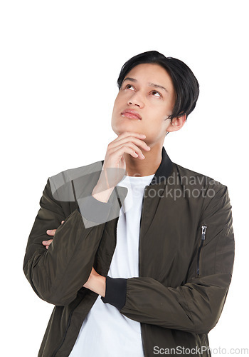 Image of Thinking, idea and Asian man with a problem isolated on a white background in a studio. Solution, decision and thoughtful Japanese person with ideas, planning and problems on a studio background