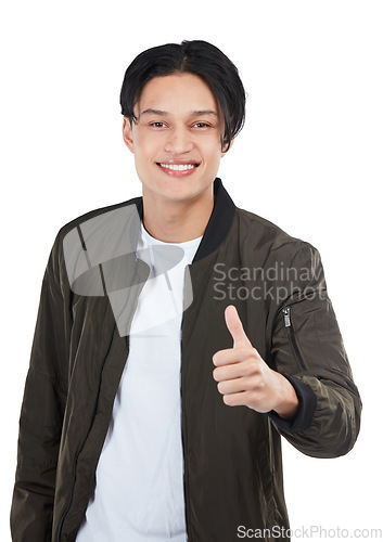 Image of Thumbs up, success and portrait of man in studio isolated on a white background. Ok hand gesture, like emoji and male model with thumbsup for motivation, support or approval, thank you or agreement.