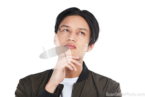 Image of Thinking, decision and Asian man planning idea isolated on a white background in studio. Solution, problem and thoughtful Japanese person with ideas, contemplating and problems on a studio background