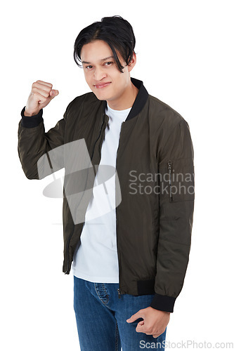 Image of Portrait, fist and fight with an asian man in studio isolated on a white background ready for conflict or anger. Challenge, angry and fighter with a male on blank space for marketing or advertising