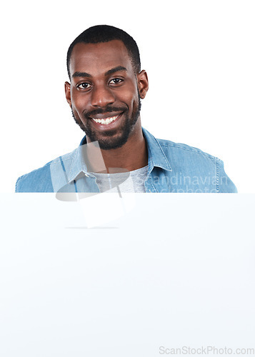 Image of Face, portrait and black man with poster for mockup, marketing or advertising space in studio isolated on a white background. Product placement, branding and male with banner for mock up or promotion