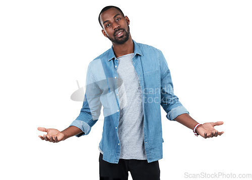 Image of Portrait, shrug and mockup with a black man in studio isolated on a white background asking what or why. Doubt, hands and question with a handsome young male shrugging on blank marketing space