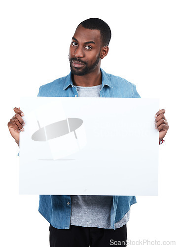 Image of Sign, portrait and black man with poster for mockup, marketing or advertising space in studio isolated on a white background. Product placement, branding and male with banner for mock up or promotion