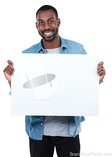 Image of Sign, portrait and black man with poster for mockup, marketing or advertising space in studio isolated on a white background. Product placement, branding and male with banner for mock up or promotion